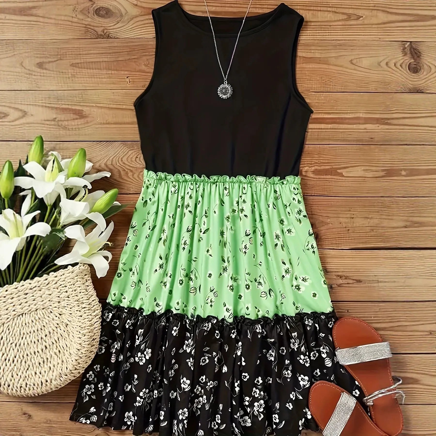 Crew Neck Sleeveless Color Block Floral Patchwork Ruffle Tiered Mini Dress