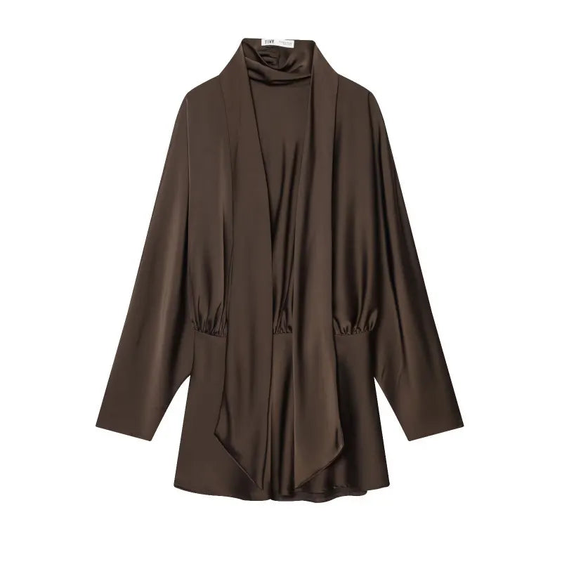 Solid Tie Scarf Collar Pleated Long Sleeve Satin Mini Dress