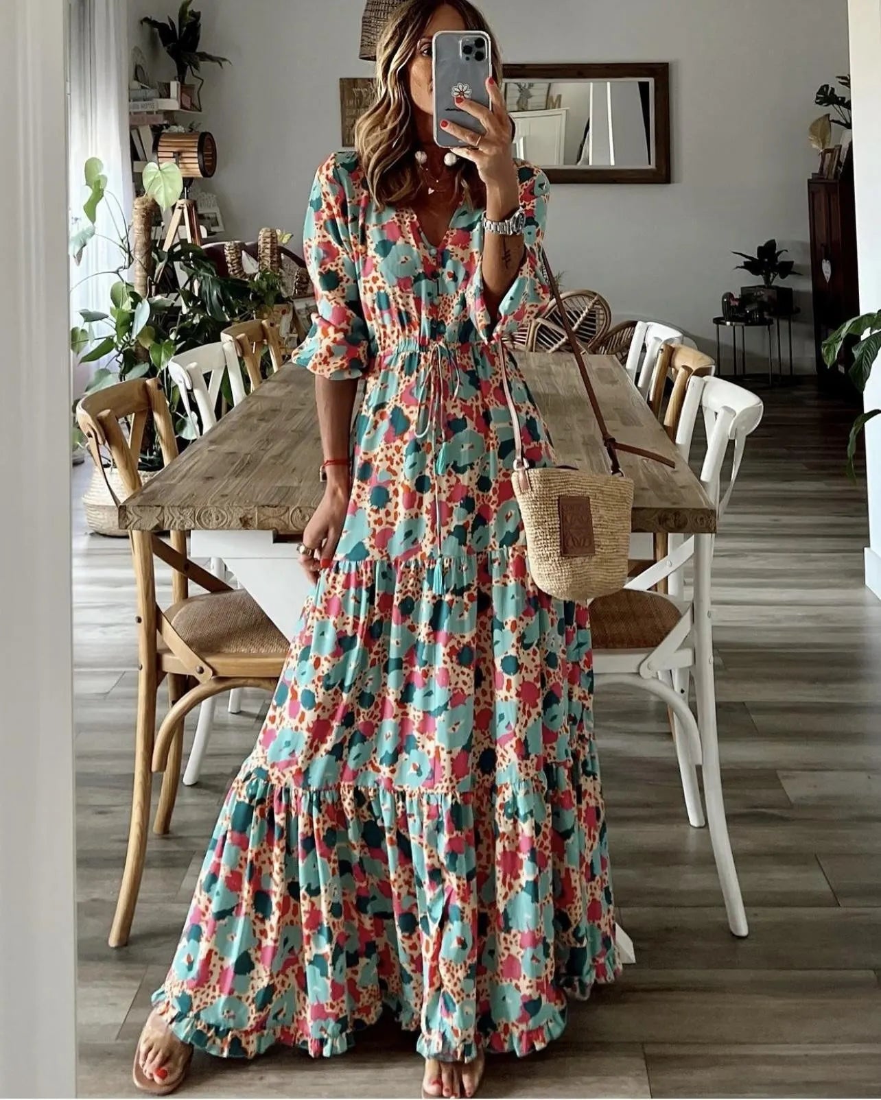 Paisley Print V-Neck Long Sleeve Drawstring Waist Maxi Dress
