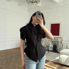 V-Neck Puff Sleeve Button Front Peplum Blouse