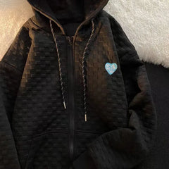 Waffle Textured Grid Heart Patch Zip Up Hoodie Loose Casual Sweatshirt