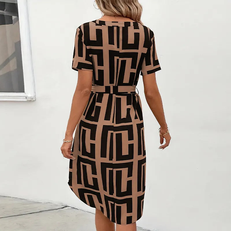Geometric Print Tie-Waist V-Neck Midi Dress - Elegant A-Line Short-Sleeve Dress (S-XL)