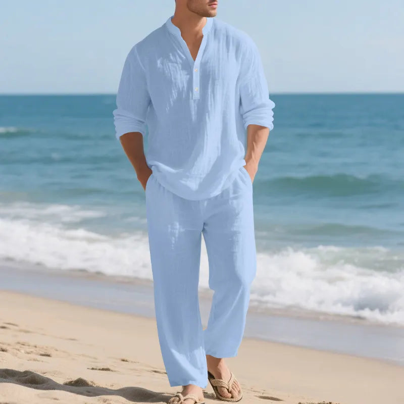 Men Stand Collar Half Button Linen Blend Long Sleeve Shirt