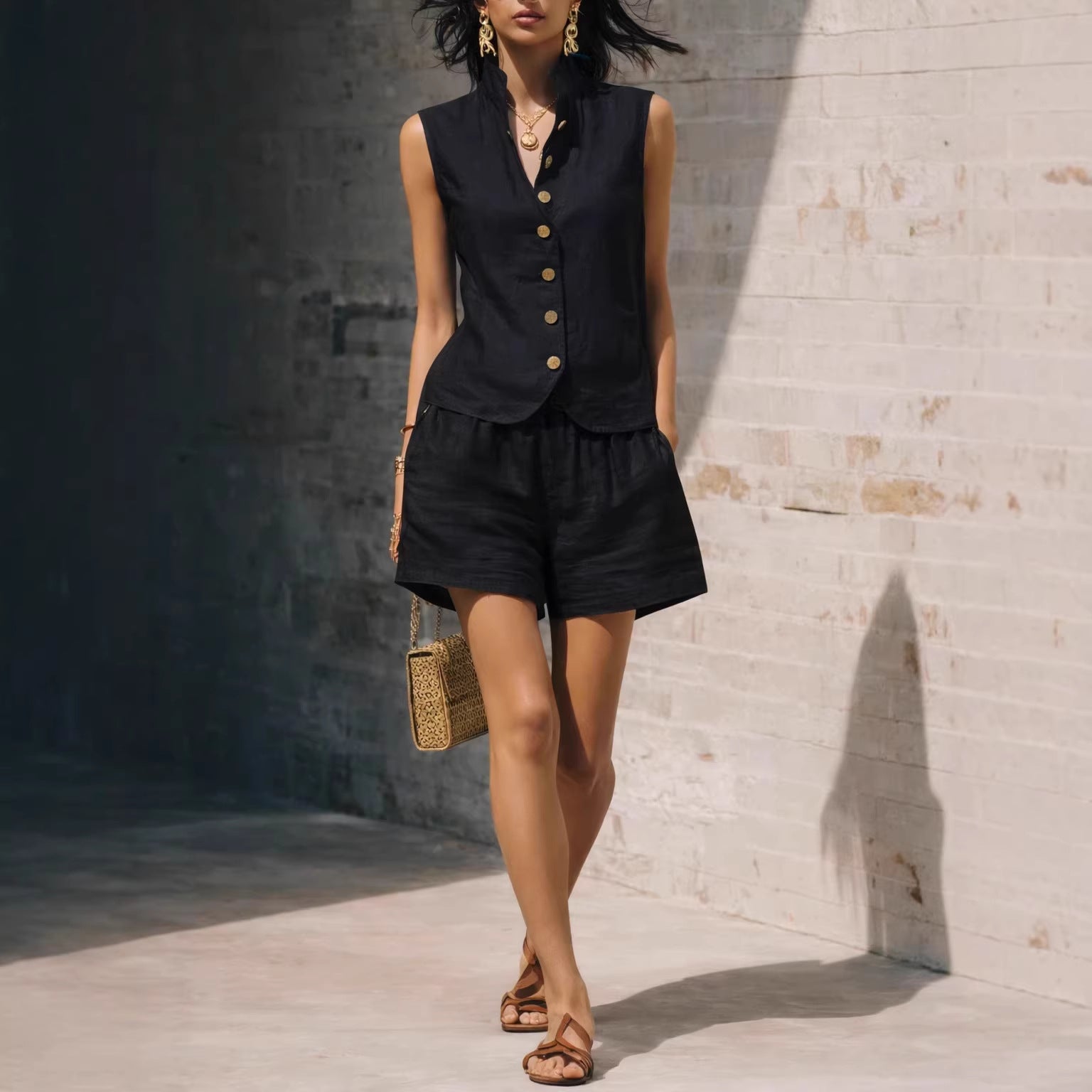Blue Stand-Collar Sleeveless Vest & High-Waisted Shorts Two-Piece Set