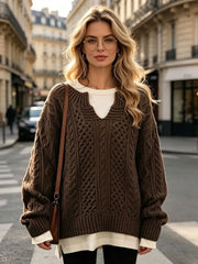 Textured Cable Knit Sweater, Notched V Neck Casual Warm Oversized Pullover