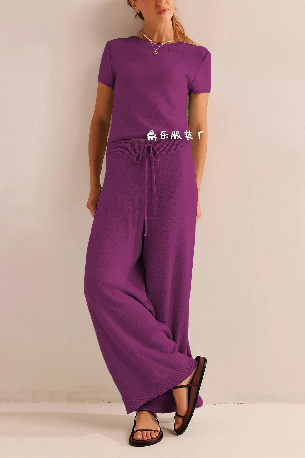 Beige Short-Sleeve Knit Top & Wide-Leg Pants Set