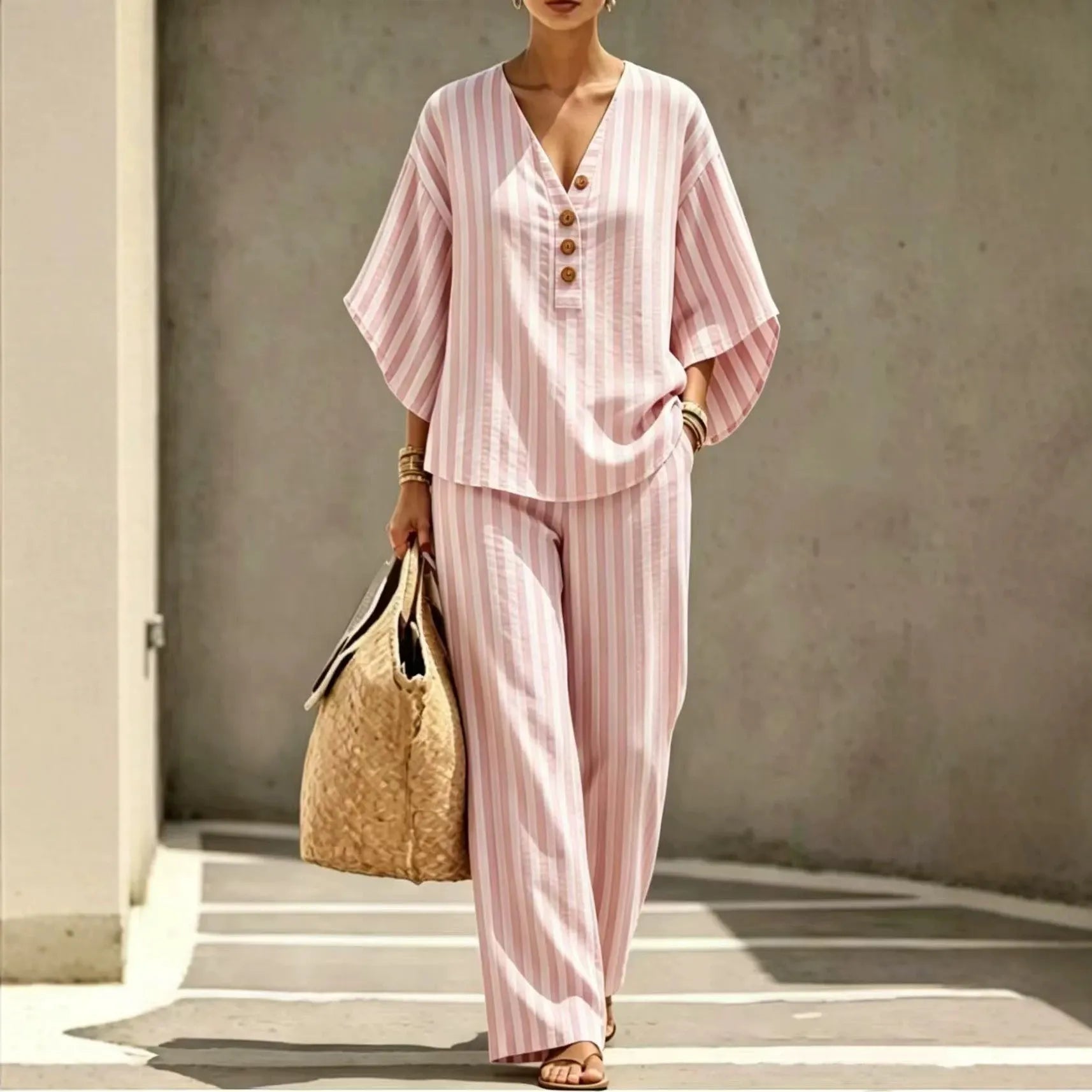 Vertical Stripe Half Button V Neck Top & Wide Leg Pants Two Piece Casual Set