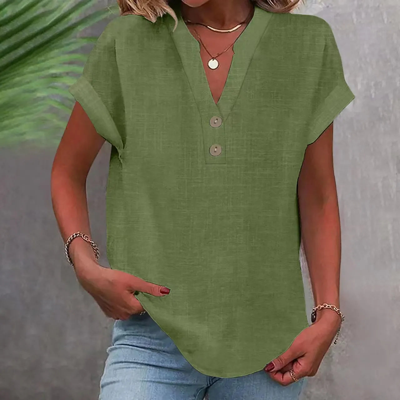 Notched V Neck Cuffed Short Sleeve Loose Cotton Linen Blouse