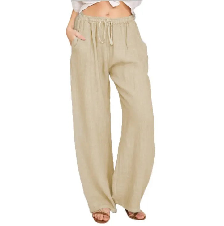 Lazy Day Outfit Blue Linen Drawstring High Waist Wide Leg Palazzo Pants