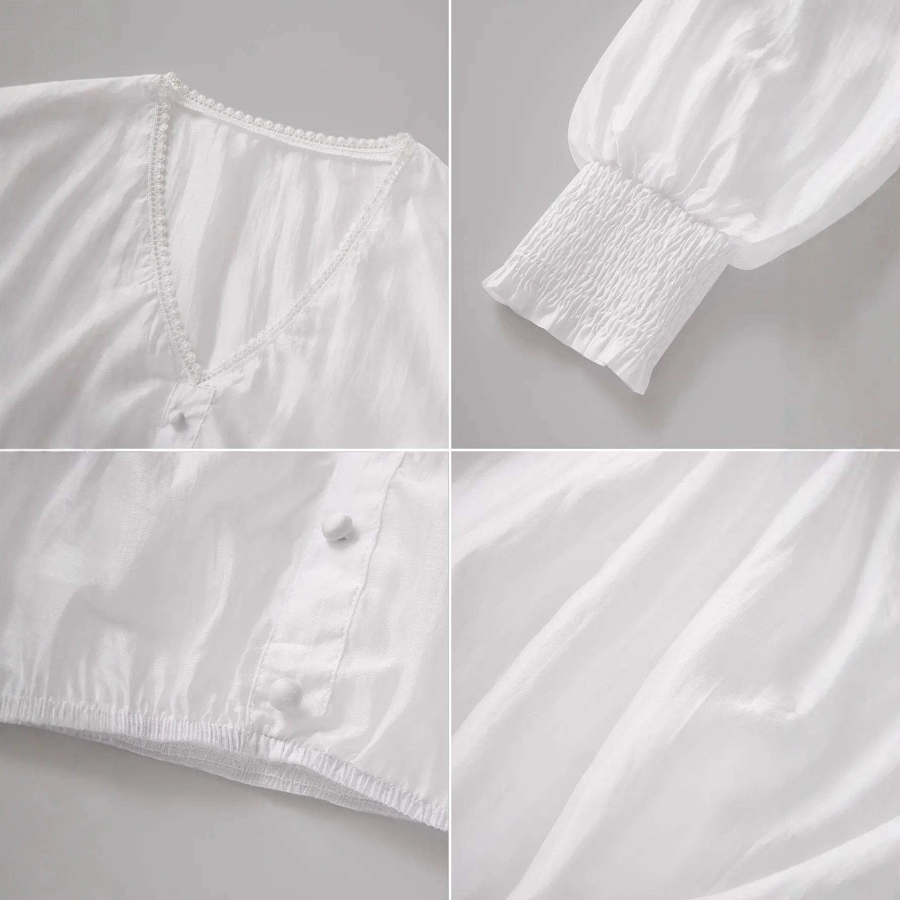 V-Neck Lace Trim Puff Long Sleeve Cropped Button Down Blouse