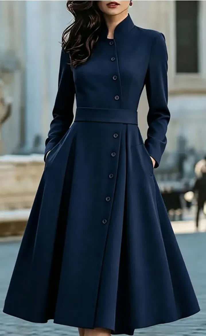 Burgundy Stand Collar Button Front Belted Midi Dress