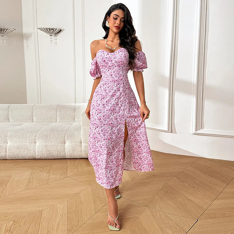 Off Shoulder Puff Sleeve Ditsy Floral Slit Midi Dress