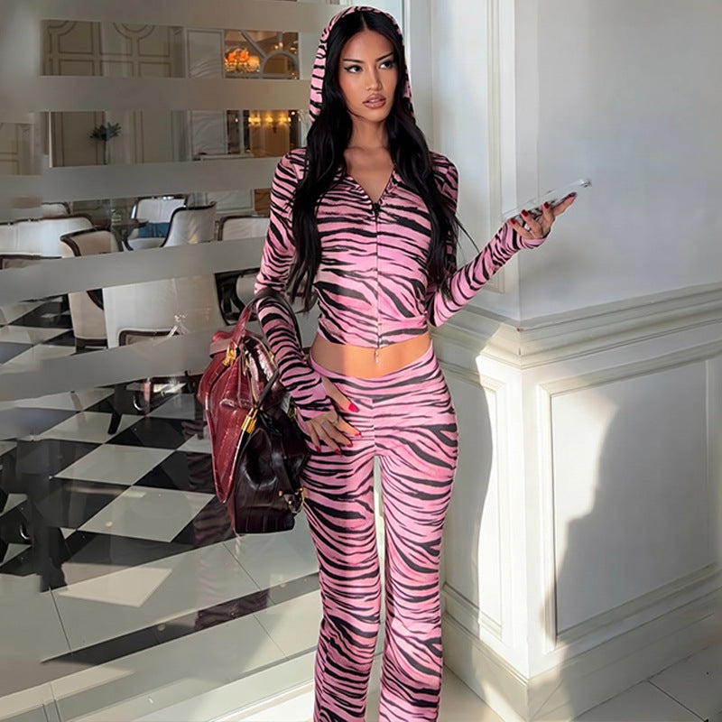Y2K Animal Print Matching Tracksuit, Hood Zip Up Top & High Waist Flare Pant Set