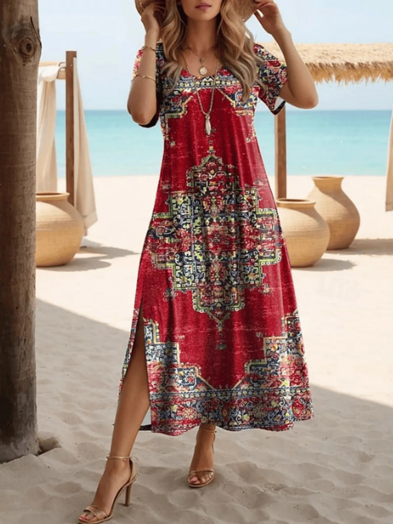 Floral Print Crew Neck Loose Split Maxi Dress
