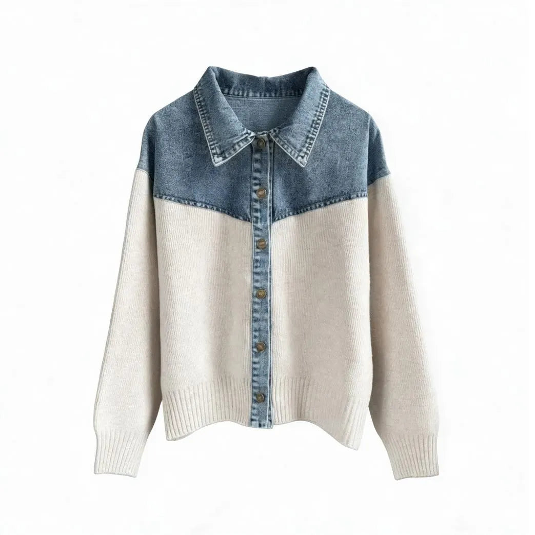 Western Style Denim & Knit Patchwork Sweater, Long Sleeve Button Front Contrast Collar Knit Jacket