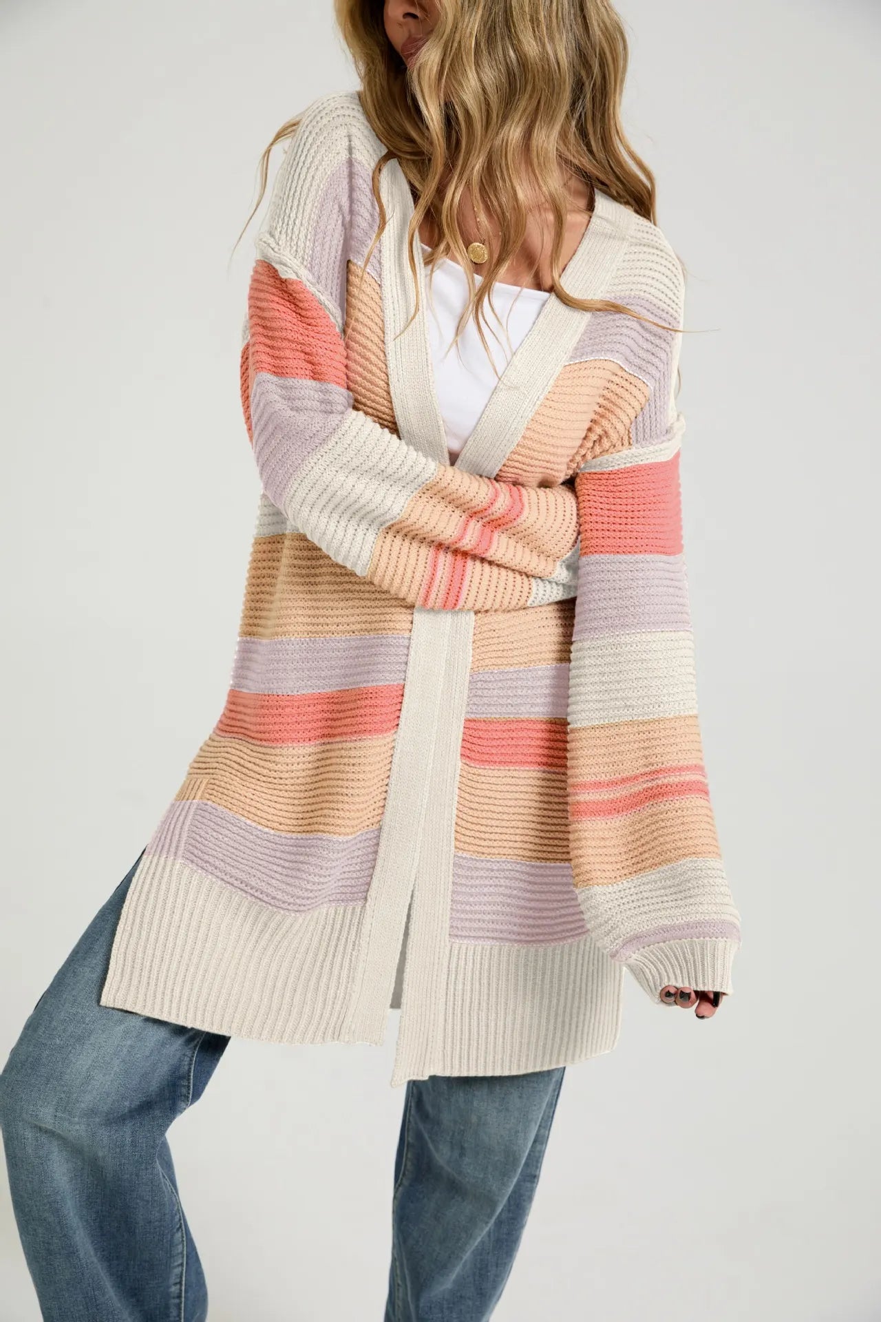 Multi Color Striped Long Open Knit Cardigan Long Sleeve Thumbhole Casual Sweater Coat