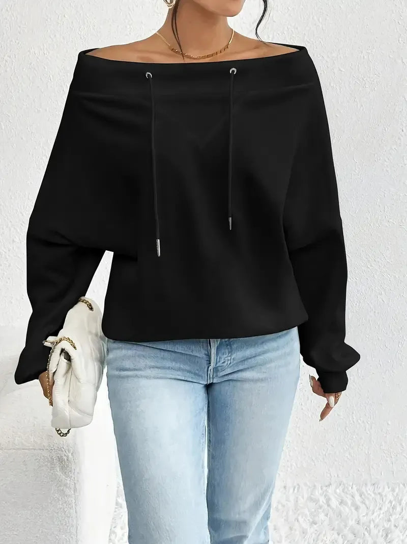 Off-the-Shoulder Dolman Sleeve Sweatshirt Drawstring Neck Top