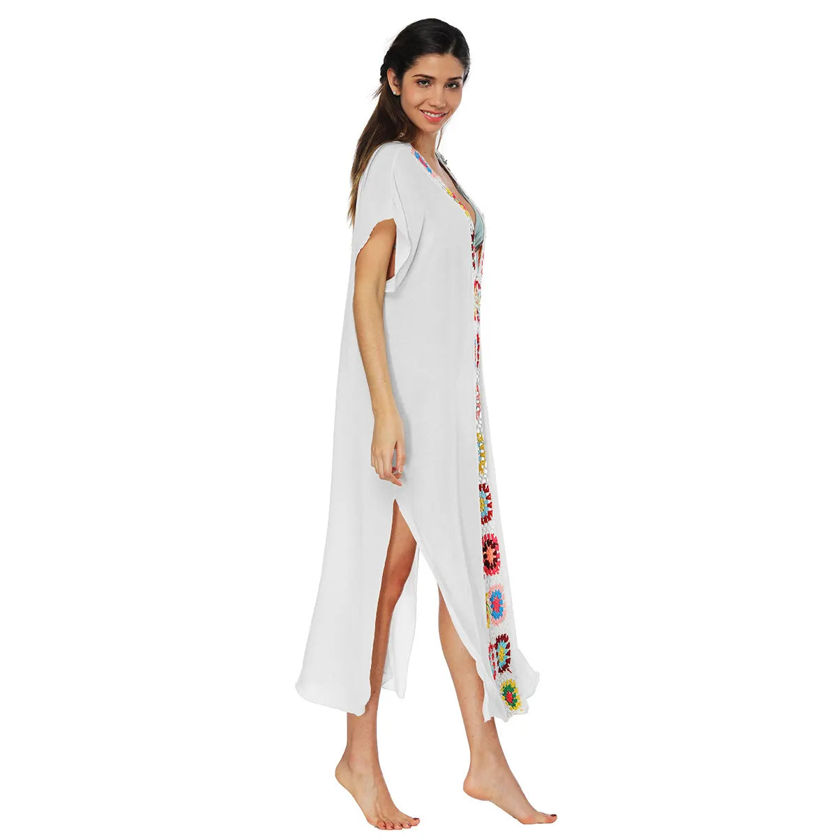 Colorful Crochet V-Neck Batwing Sleeve Loose Long Cover-Up Dress
