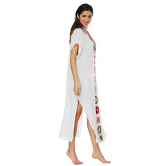 Colorful Crochet V-Neck Batwing Sleeve Loose Long Cover-Up Dress