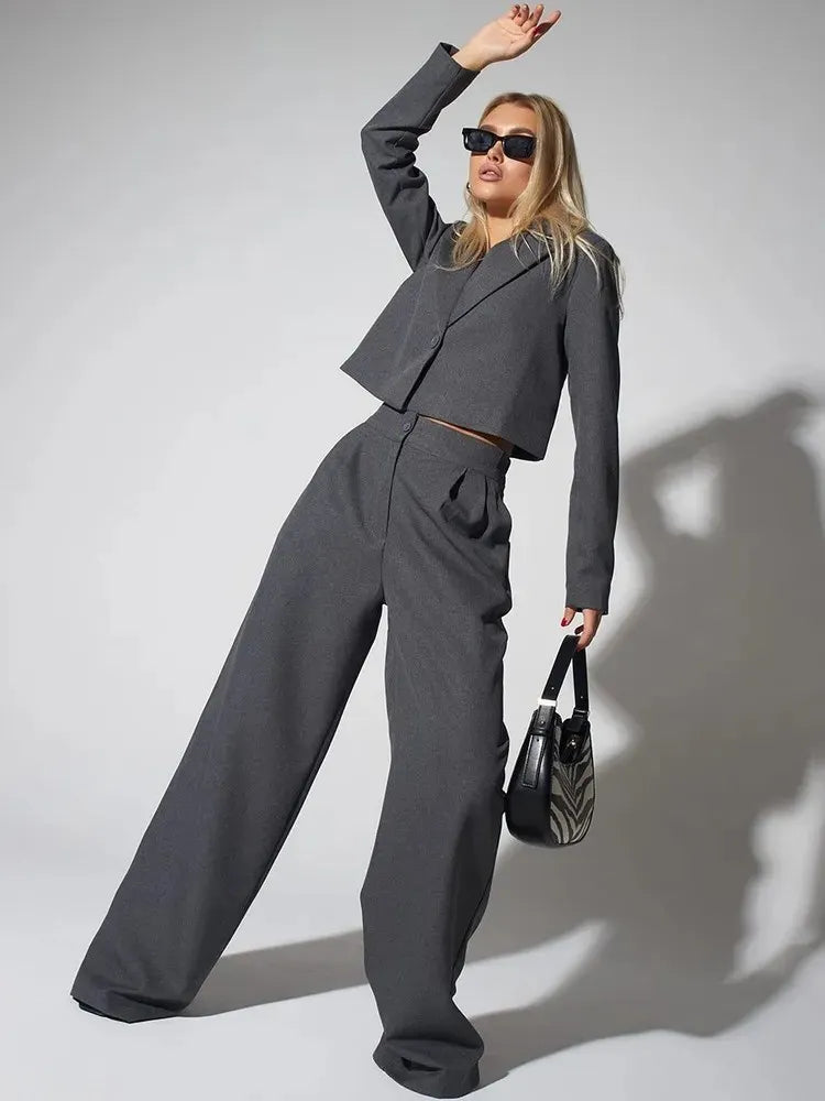 Solid Cropped Lapel Blazer & High Waist Wide Leg Pants Two Piece Suit Set