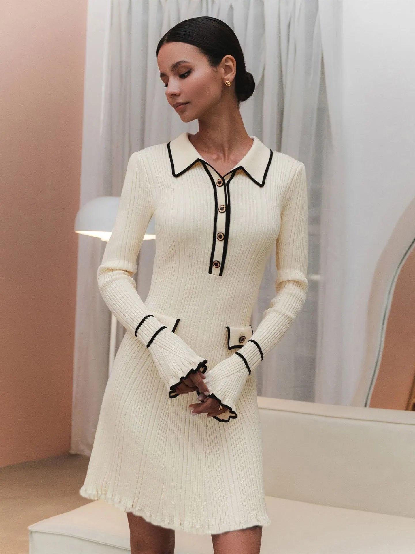 Color Block Lapel High Waist Slim Fit Lotus Leaf Long Sleeve Knit Wrap Dress
