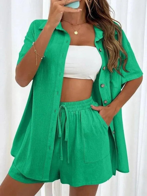 Linen Button Down Shirt & Shorts Set