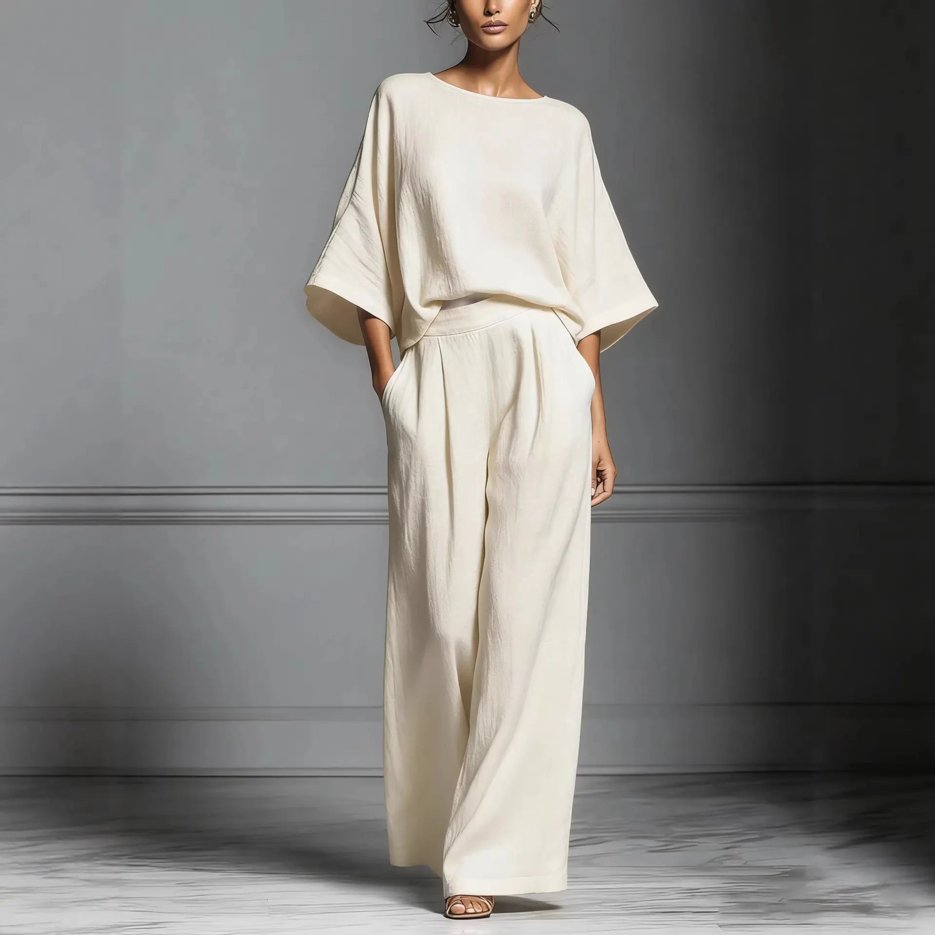 Brown Batwing Sleeve Top & Wide-Leg Pants Two-Piece Set