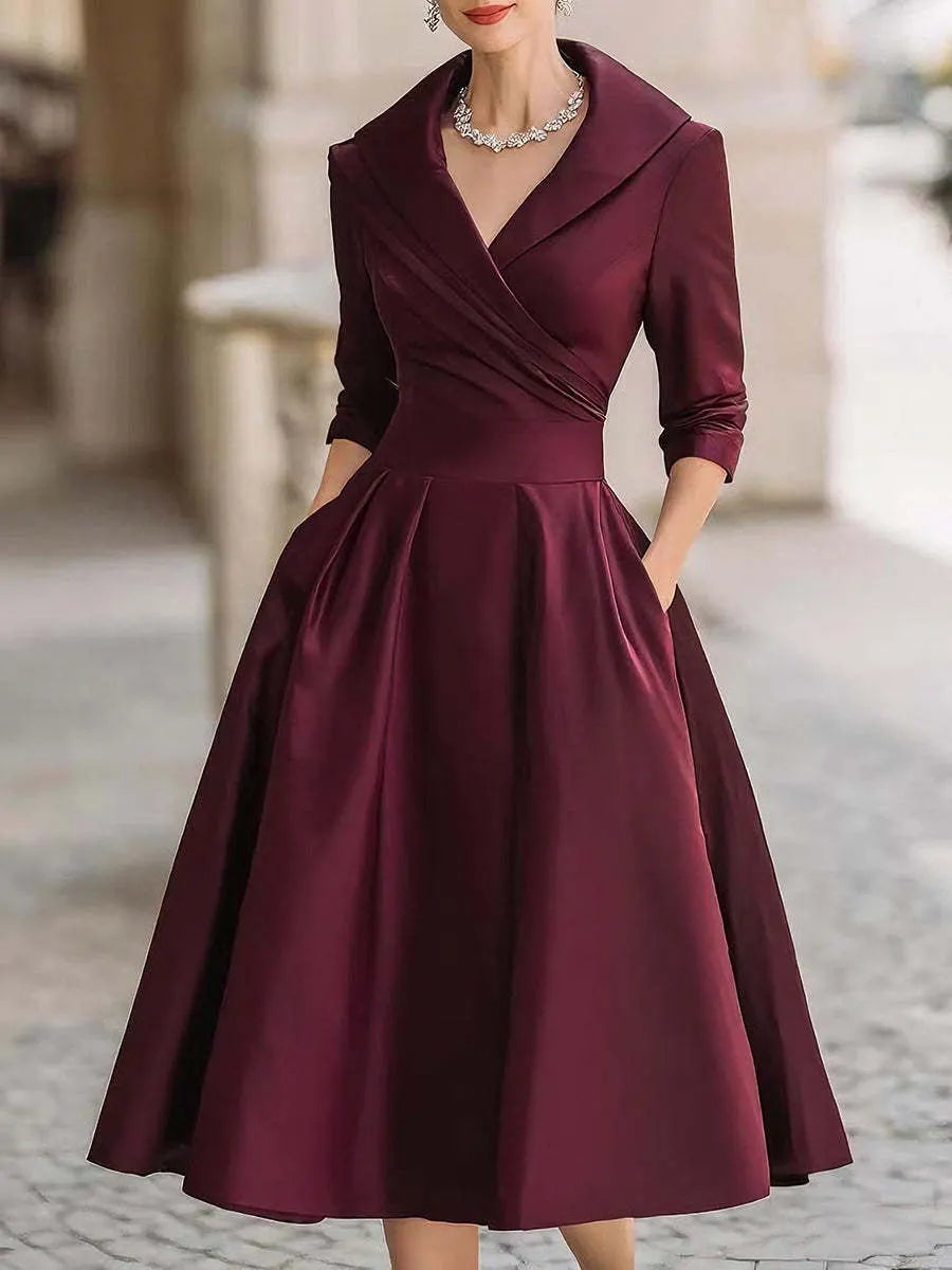 Lapel Collar Ruched Wrap Front 3/4 Sleeve A Line Midi Cocktail Dress