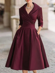Lapel Collar Ruched Wrap Front 3/4 Sleeve A Line Midi Cocktail Dress