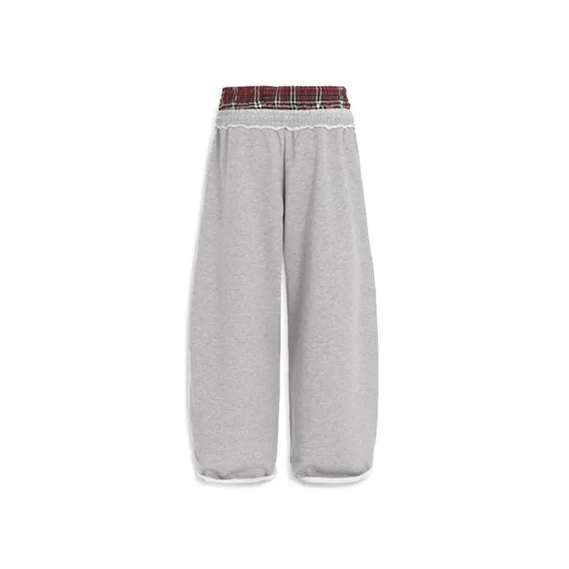Plaid Waistband Stripe Wide Leg Grey Sweatpants