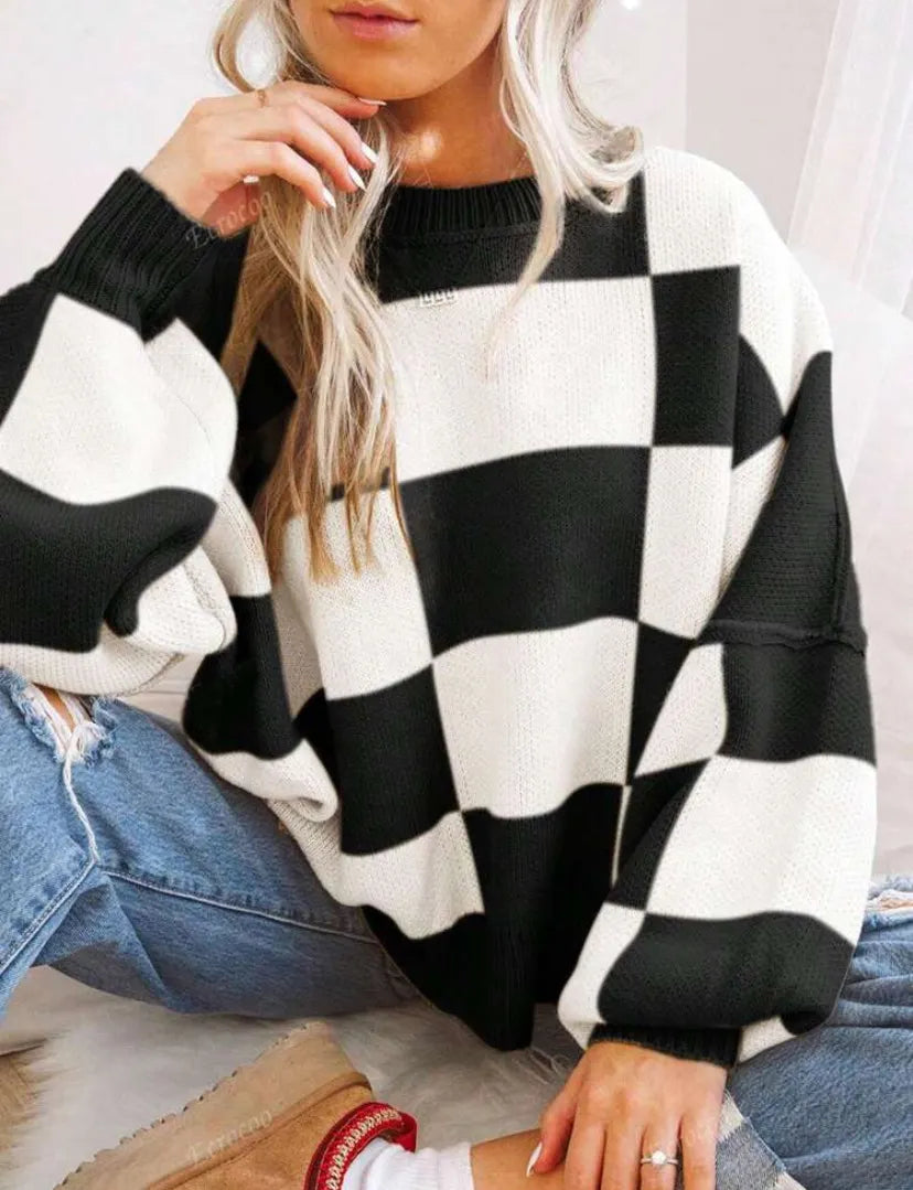 Checkerboard Color Block Crew Neck Loose Pullover Sweater