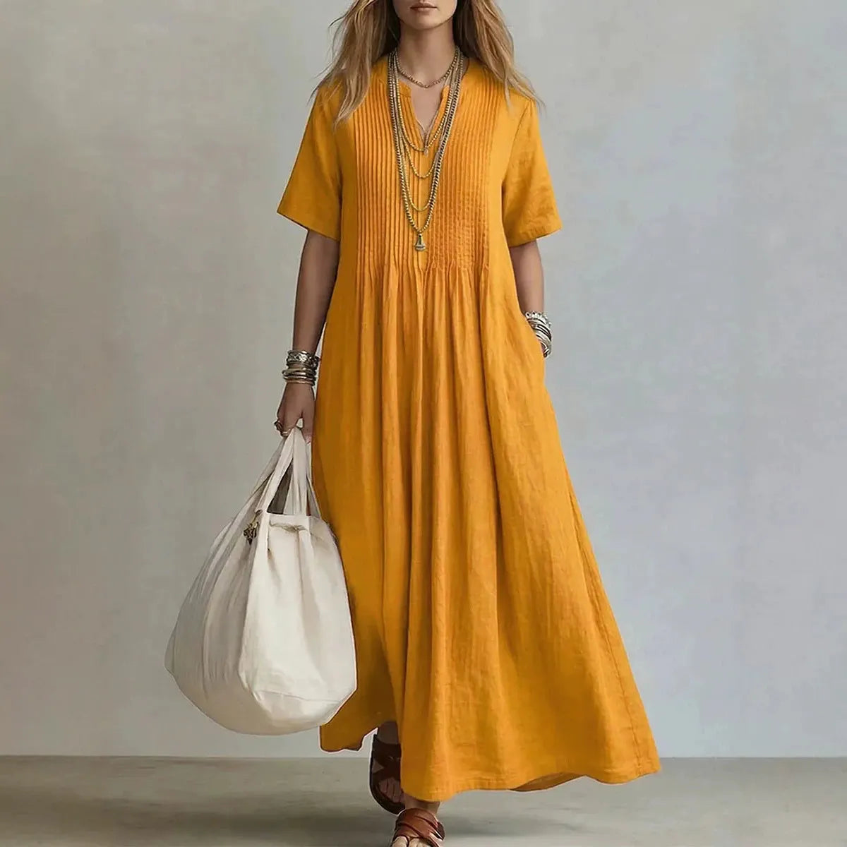 Solid Color V-Neck Pleated Loose Cotton Linen Maxi Casual Dress