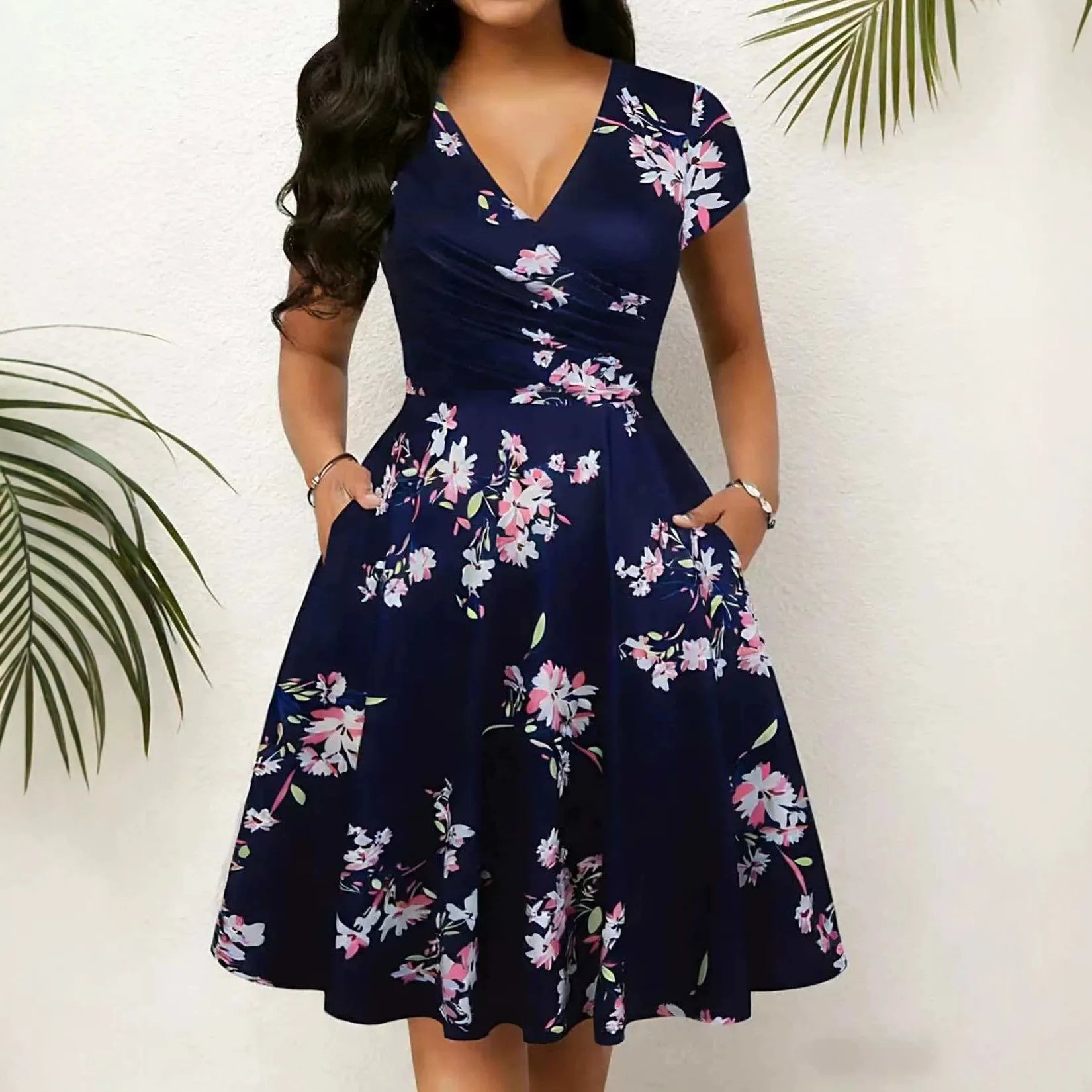 Round Neck Floral Print High Waist Flare Midi Dress