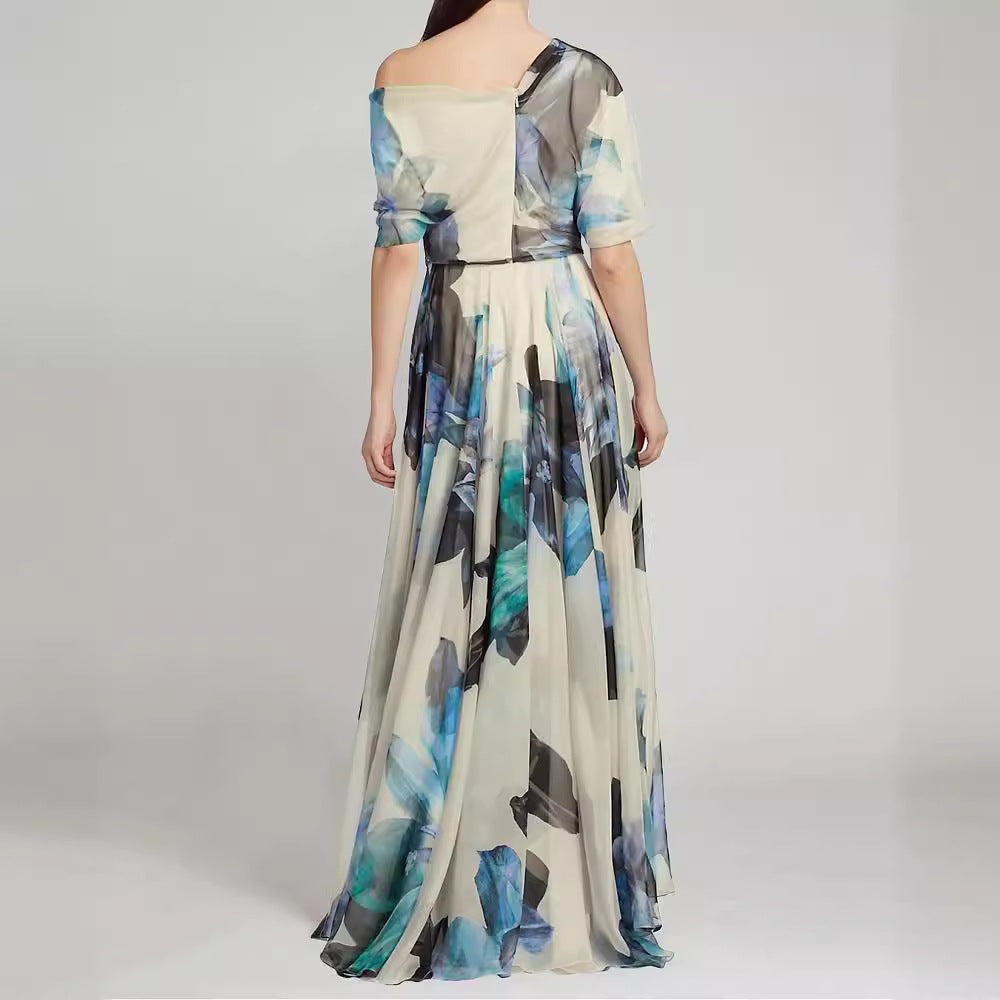 Watercolor Floral Asymmetrical Off-Shoulder Chiffon Maxi Dress