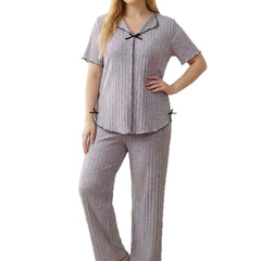 Plus Size Grey Ribbed Pajamas, Ruffle Trim Notch Collar Short Sleeve Top & Elastic Waist Long Pants Pyjama Set