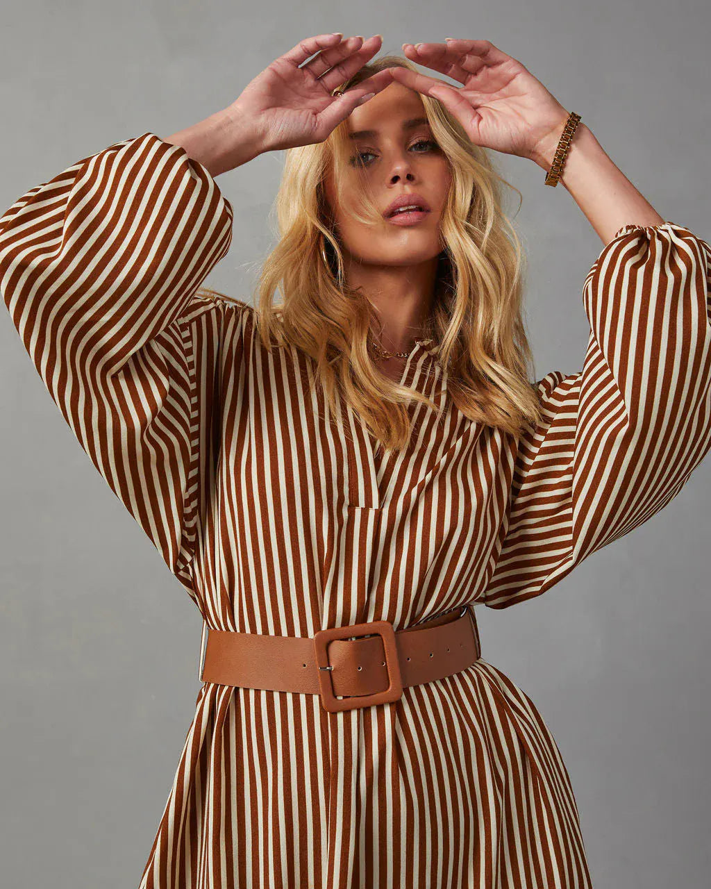 Stripe Balloon Sleeve Midi Shirt Dress With Belt