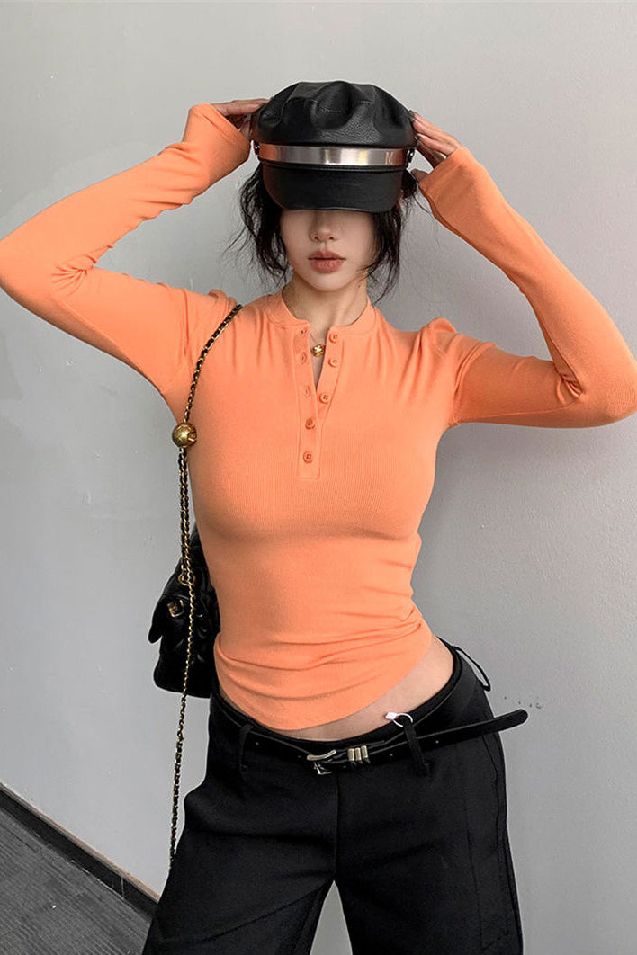 Buttons Neck Long Sleeve Top Tee