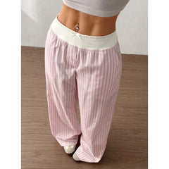 Elastic High Waist Striped Wide Leg Casual Pants