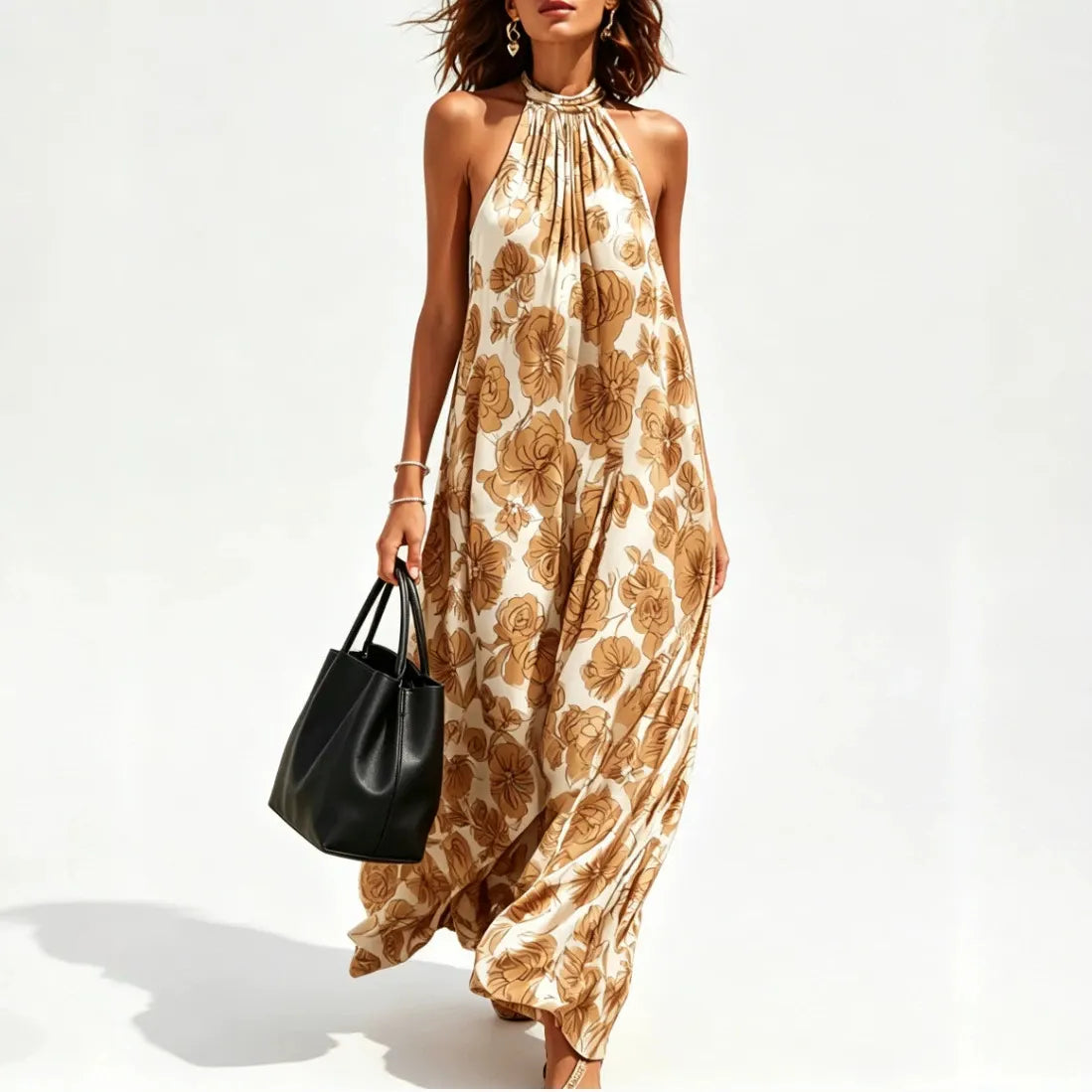 Halter Neck Floral Print Satin Maxi Dress