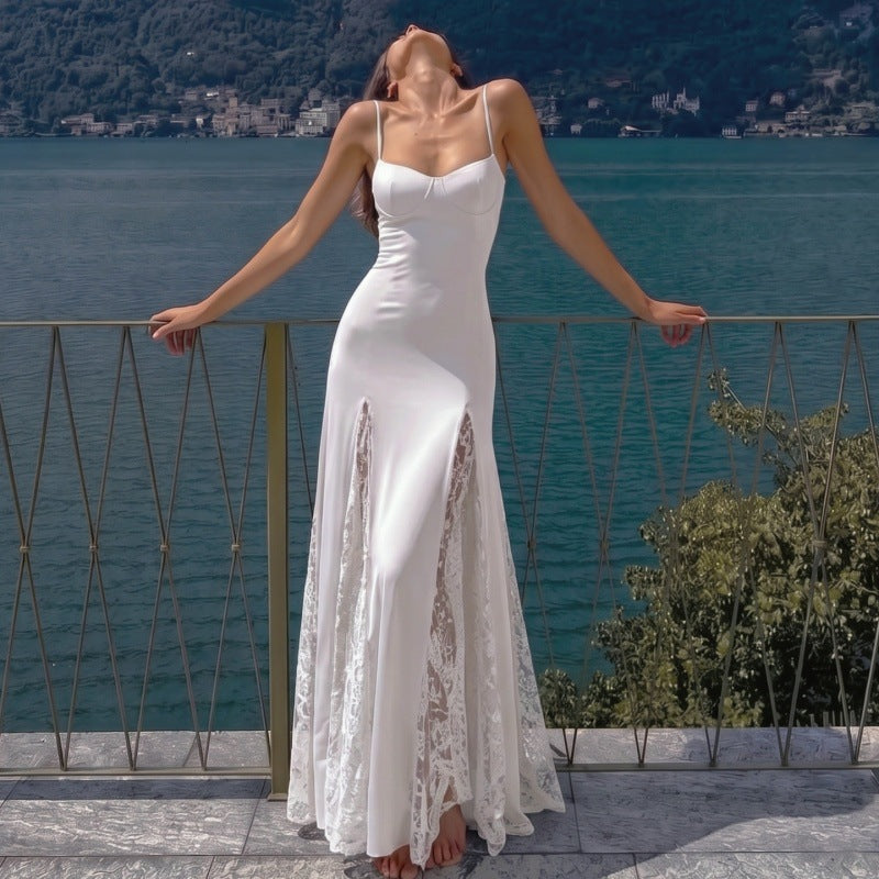 White Spaghetti Strap Mermaid Maxi Dress, Bustier Lace Slit Formal Evening Gown