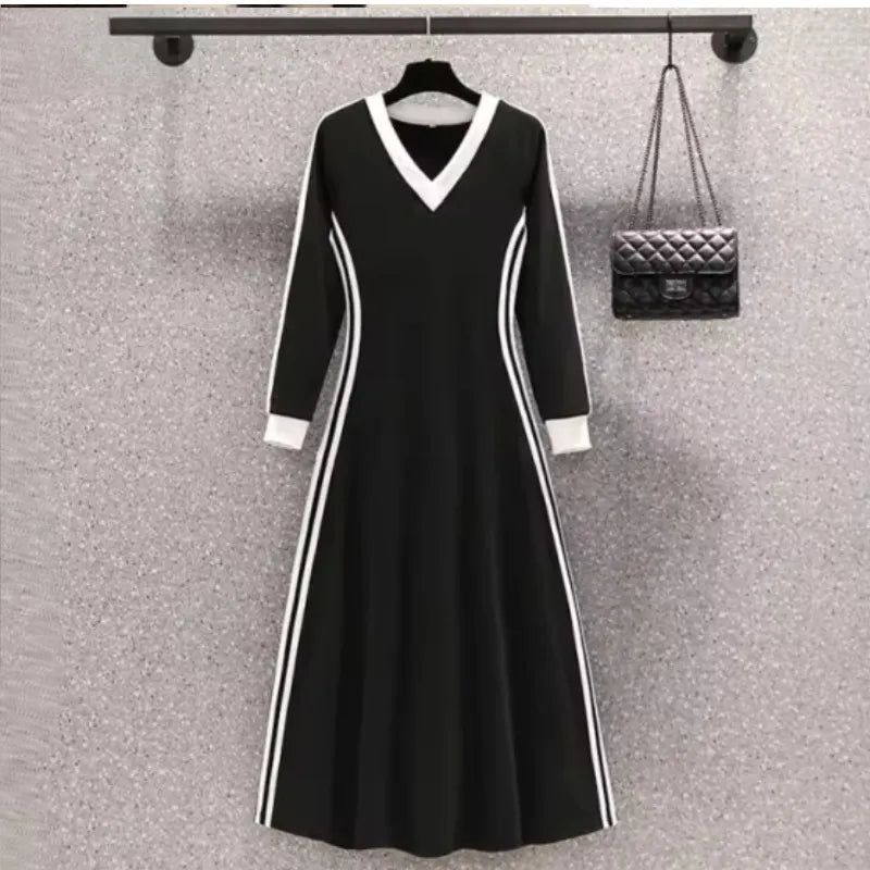 V Neck Striped Side Long Maxi Dress