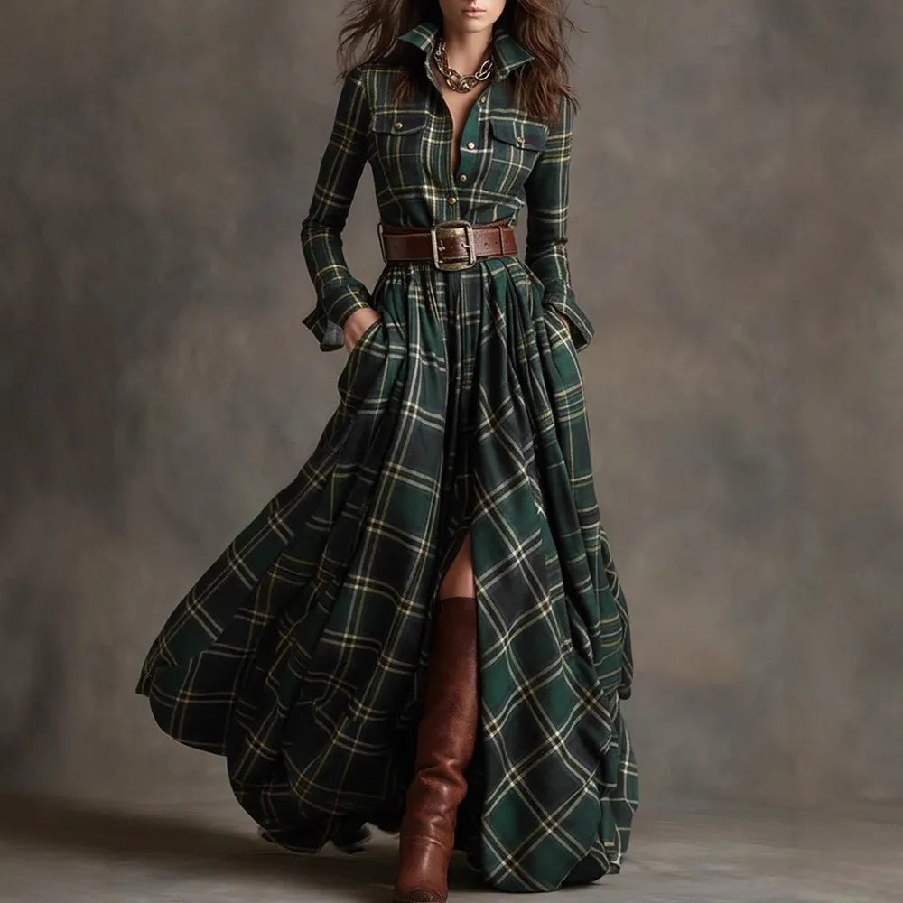 Vintage Western Tartan Plaid Maxi Dress for Collared Long Sleeve Flowy A Line Shirt Dress