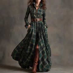 Vintage Western Tartan Plaid Maxi Dress for Collared Long Sleeve Flowy A Line Shirt Dress