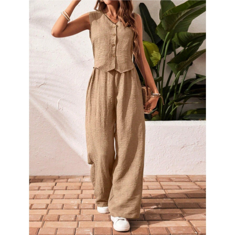 Green V-Neck Button Vest & Wide-Leg Pants Two-Piece Set