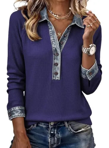 Contrast Denim Trim Half Button V-Neck Long Sleeve Blouse
