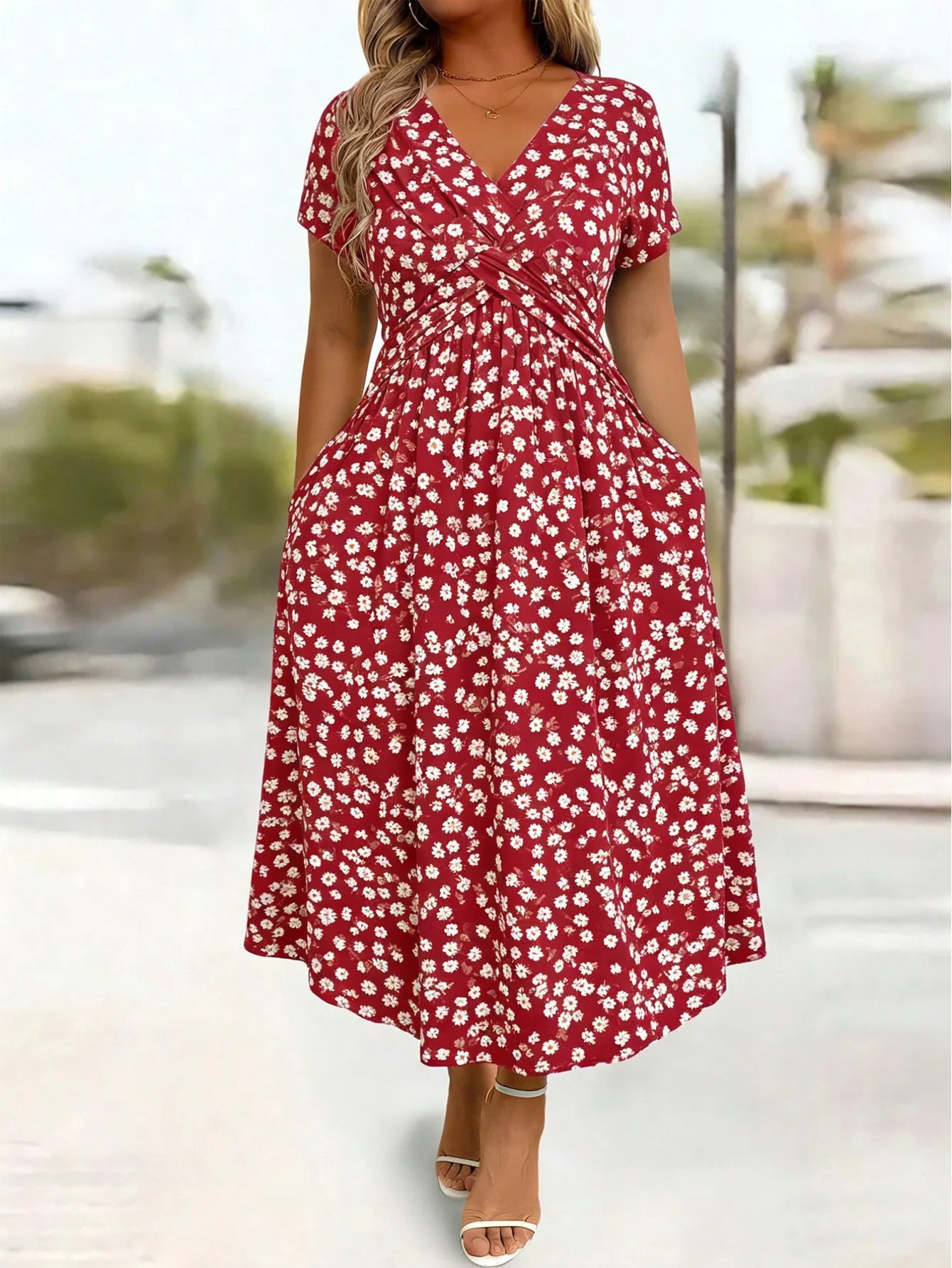 Twist Front A Line Midi Dress, Short Sleeve V-Neck Glitter Dot Print Dress with Pockets