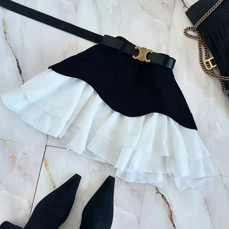 Contrast Color Block Ruffle Mini Skirt