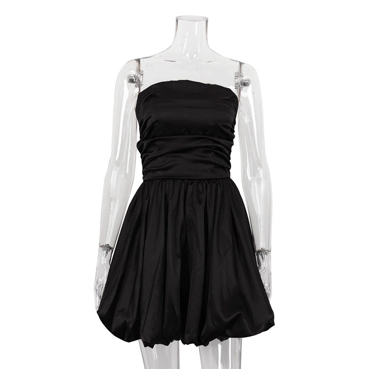 Elegant Strapless Pleated Mini Dress Satin Puff Hem Party Dress