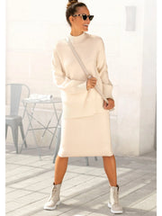 Solid Half Turtleneck Knit Sweater And Midi Skirt Two Piece Casual Set
