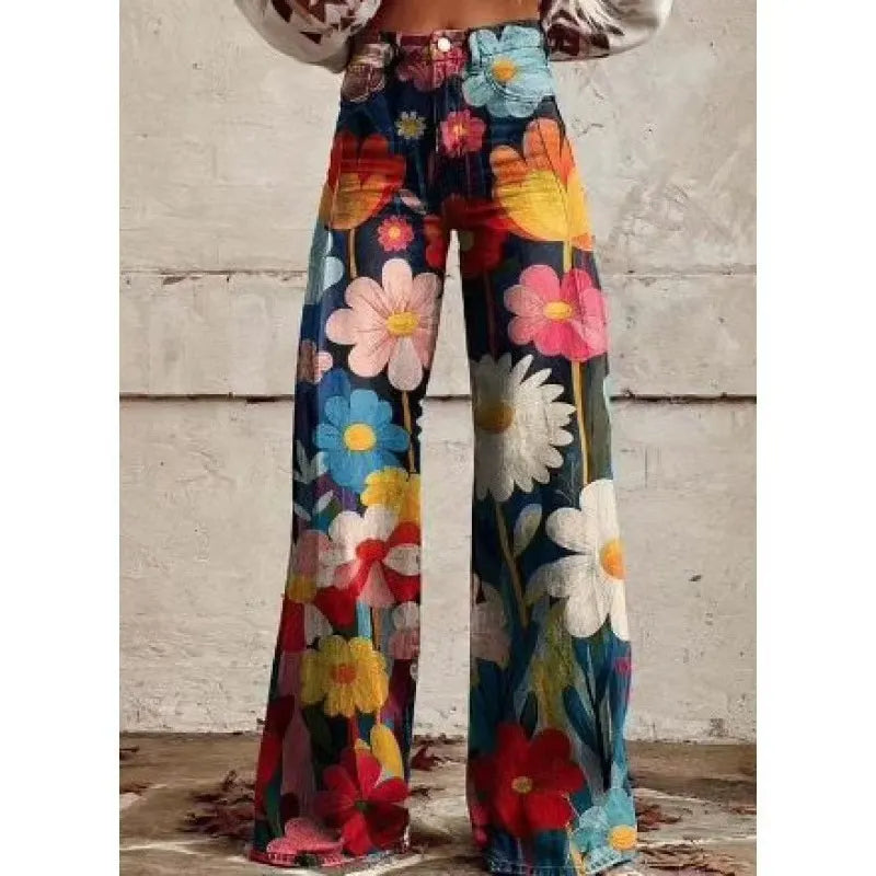 High Waist Western Cowboy Horse Print Wide Leg Pants